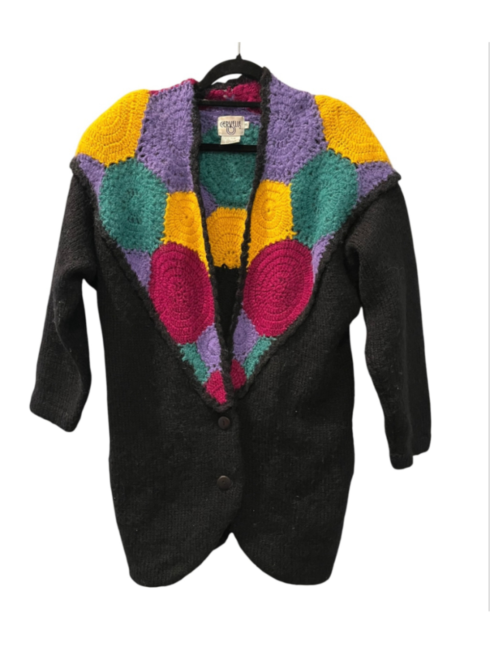 VTG 80s Cervelle Oversized Crochet Cardigan Sweater Patchwork Knit Wool Max S